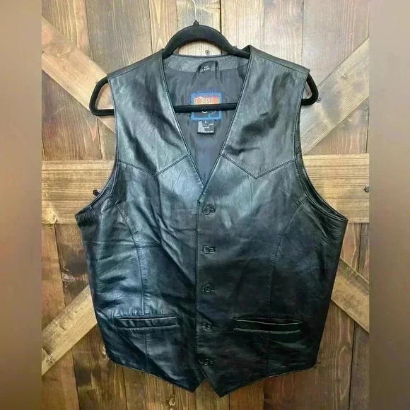 Cripple Creek Leather Vest Biker Western Button Black Motorcycle VTG Men’s L - Picture 1 of 4